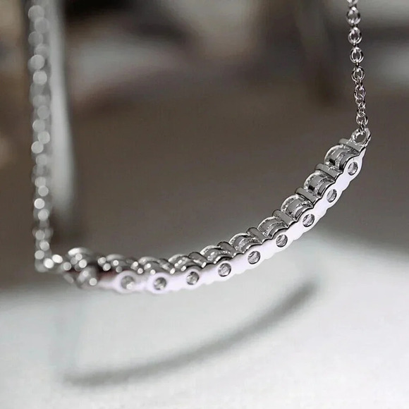 NEW 925 Sterling Silver Diamond Curve Bar Necklace - Picture 3 of 5